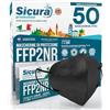 SICURA MASCHERINE CHIRURGICHE 50 Mascherine FFP2 Certificate CE nere Made in Italy con Elastici Neri logo SICURA impresso BFE ≥99% Mascherina ffp2 italiana SANIFICATA e sigillata