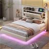 KEYIDE - Letto matrimoniale imbottito 140 x 200 cm con illuminazione LED e ricarica USB, letto a due piazze con testiera e rete a doghe, letto per ragazzi con cassetto, in lino, senza materasso (Beige