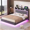 KEYIDE - Letto matrimoniale con testiera e rete a doghe, imbottito, 140 x 200 cm, con illuminazione a LED e ricarica USB, per ragazzi, in lino, senza materasso (grigio 2, 140 x 200 cm)