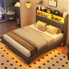 KEYIDE - Letto matrimoniale imbottito 140 x 200 cm con illuminazione LED e ricarica USB, letto a due piazze con testiera, scomparti e rete a doghe, letto per ragazzi con cassetti, in lino, senza