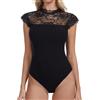 Joyshaper Body da donna in pizzo, elegante, con colletto alto, con volant, a maniche corte, camicetta leopardata, Nero , S