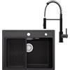 ANYCEE 60 x 46 cm Lavello Nero con Arco Rubinetto Cucina Molla, Lavandino Cucina Nero 1 Vasca con Cestello di Scarico, Lavello Granito per Mobile da 60 cm con Sifone e Scarico