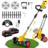 WIWOLER Decespugliatore a Batteria Pieghevole 500W, Tagliabordi a Batteria con Ruote, 2 Batterie 21V 3.0Ah (Compatibile Makita 18V), 12 Lame, Testa 90°, Tagliaerba Elettrico per Giardino (Giallo)