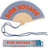 Fisura - Ventaglio in legno con messaggio "Bon voyage". Ventaglio a mano moderno con stampa pied de poule e laccetto. Accessorio estivo elegante, idea regalo originale, dimensioni 42,5 x 23 cm