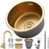 HZKSINNK Lavelli da cucina, lavelli singoli, dorati, 1 vasca, rotondi, lavelli da cucina/bagno, in acciaio inox dorato, nano con set di scarico, facile da pulire, da incasso/costruzione (oro