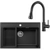 ANYCEE 70 x 46 cm Lavello Nero con Arco Rubinetto Estraibile, Lavandino Cucina Nero con Cestello di Scarico, Lavello Granito 1 Vasca per Mobile da 70 cm con Sifone e Scarico