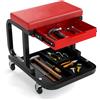 COSTWAY Sgabello da Officina con Ruote, Sedia Meccanico Imbottita con Cassetto e Vassoio Portautensili, capacità di 185 kg, per Riparazione Auto, per Garage e Officina (Rosso)
