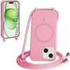 FMPCUON FNPCUON Cover Magnetica Silicone per iPhone 15 Plus con Cordino,Compatibile con MagSafe,Custodia con Laccio Collana Tracolla Collo Sottile TPU Antiurto Protettiva Case con Corda.Pink