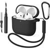 YLK Custodia AirPods compatibile con AirPods 4 2024 con kit di pulizia, custodia protettiva in silicone con moschettone e condor, indicatore LED visibile (nero)