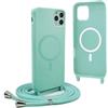 YFSYLL Magnetica Cover per iPhone 13 Pro Max con Cordino,Compatibile con MagSafe,Silicone Case con Regolabile Cordino da Collo Nylon Catena Collana Tracolla - Verde menta