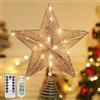 Lewondr 30 cm Punta dell'Albero di Natale a Forma di Stella, Puntale con Base Spirale Decorato dalle Fili Glitterati e Perline di Luce, con Timer Automatico, Alimentazione a Due AA Pile, Oro Rosa