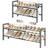 FAVOOSTY Scarpiera a 2 Livelli in Metallo, Allungabile 74.5-105.5 cm,Metallo,Regolabile, Salvaspazio, Portascarpe Robusto per Ingresso, Camera da Letto,Grigio