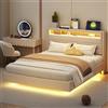 KEYIDE - Letto matrimoniale imbottito 140 x 200 cm con illuminazione LED e ricarica USB, letto a due piazze con testiera, spalliera e rete a doghe, letto per ragazzi con cassetto, in lino, senza