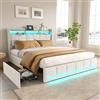 RXMORI letto Matrimoniale portaoggetti con Luce a LED e Caricatore USB, Testiera con Stoccaggio, 4 Cassetti, Imbottitura Morbida - Letto per Giovani (Beige, 160 x 200 cm)