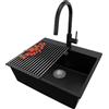 PRIMAGRAN Lavandino da Cucina Nero 58x50cm, Lavello in Granito a 1 vasca + Rubinetto 40x20cm + Set di accessori, Lavabo da Cucina Incasso al Mobile 60cm - Riga S383