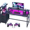 Mihtrov + Scrivania da gaming angolare con LED e prese, nera x 48x148 cm Scrivania da gaming reversibile con borsa portaoggetti e mensole con ganci per lavoro e giochi a casa