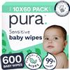 Pura Salviette Umidificate per Bambini, Multipack da 600 Pezzi, Extra Morbide, 3 Strati, 99% Acqua, Senza Plastica, Vegane, Senza Sostanze Tossiche, per Pelle Sensibile e a Tendenza Eczematosa