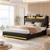 KeepGoon Letto imbottito 140 x 200 cm, con illuminazione a LED + presa USB, letto matrimoniale con cassetta, barra di pressione dell'aria, materiale PU, rete a doghe, nero