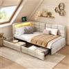 Poeahu Divano letto 90 x 200 con illuminazione a LED e presa USB, letto singolo con 2 cassetti di stoccaggio, moderno letto per panca 1 posto con rete a doghe per soggiorno (Beige, 90 x 200 cm)