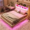 KEYIDE - Letto matrimoniale imbottito 140 x 200 cm con illuminazione LED e ricarica USB, letto a due piazze con testiera, spalliera e rete a doghe, letto per ragazzi con cassetto, in lino, senza