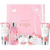 BODY & EARTH Confezione Regalo per Donne, 5 Pezzi, Rosa, gel Doccia, Burro per il Corpo, Crema per Le mani, Lozione per il Corpo, Regalo di Compleanno, Fidanzata, San Valentino per lei