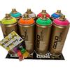 PROGAL COLORS Montana Cans - Montana Gold - Set di 8 Colori Fluorescenti Neon 400 ml e 6 Testine di Ricambio - Vernice Spray UV, Brillano con Luce Nera