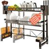 Avilia - Scolapiatti Cucina Espandibile 2 Livelli in Metallo con Accessori, Organizer per Lavello e Piano di Lavoro Regolabile 58-96 cm, con Porta Coltelli e Ganci, Ideale come Scaffale Salvaspazio