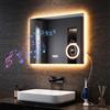 SONNI Specchio da bagno a LED con Bluetooth, 80 x 60 cm, specchio da bagno con illuminazione e touch, presa elettrica, 3 colori di luce, anti-appannamento e funzione di memoria, ingrandimento 3 x