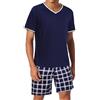 Bresdk Pigiama Uomo Cotone Estivo Pigiami Corto con Scollo a V e Tasche Pigiami Due Pezzi Morbido Confortevole Traspirante(Blu Navy + Blu Navy Giallo,L)