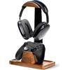 QzheMuw Supporto per cuffie e controller in legno di noce, supporto per cuffie in legno, organizer da scrivania, accessori da scrivania universali compatibili con