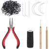 Neyauo Kit di Strumenti per Estensioni Capelli Neyauo, 200 pezzi di Perline in Silicone, 1 Rotolo Filo da Cucito, 1 Pinza per Capelli a Tre Fori, Ago con Gancio, Infila Ago a Cappio, 8 Aghi da Cucito, Nero
