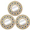 DXYAKY Set di 3 specchi rotondi da parete dorati, specchi decorativi ornati con accenti di cristallo blu, decorazione da parete vintage bohémien da 25 cm, per soggiorno, camera da letto, ingresso