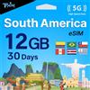 TSIM Sud America eSIM 30 giorni | 12 GB 5G/4G/LTE Internet | Hotspot consentito | utilizzabile in Brasile, Cile, Colombia, Perù, Uruguay e Costa Rica | eSIM in 24 ore