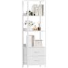 Furnulem Scaffale angolare a 4 ripiani, libreria stretta con 2 cassetti, altezza 140 cm, scaffale organizer per soggiorno, camera da letto, struttura in metallo, scaffale in legno (bianco)