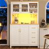 Huayz Mobile da cucina alto con LED e piano di lavoro, credenza con ripiani e cassetti, con 4 ante e portabevande, 140 x 40 x 185,7 cm