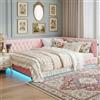 MISNODE Divano letto imbottito 140 x 200 cm, letto angolare con LED e USB, divano letto a L con rete a doghe, letto per bambini, letto matrimoniale, orsacchiotto in velluto (Rosa-B01, 140 x 200)
