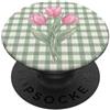 Cottagecore Floral Blossom Popper Co. Pink Tulips Bouquet Green Gingham Checkered PopSockets PopGrip Adesivo
