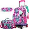 HTgroce Zaino Trolley Scuola Elementare Bambina - Set 3 in 1 con Portamerenda e Astuccio, Zainetto con Ruote Staccabile per Ragazze 8 Anni