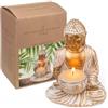 MIJOMA Statuetta decorativa con Buddha, oro e bianco, effetto vintage, poliresina, altezza 14-34 cm, opzionale con portacandele - Tranquillità spirituale ed eleganza (10 x 8,5 x 14 cm con portacandele