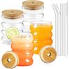 Aurobest 4 Pezzi Set Bicchieri Vetro con Coperchio, Cannuccia e Spazzola - 350ml con Bolle, Trasparente Vintage Ondulazione per Cocktail, Soda, Latte, Macchiato