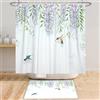 Bovlleetd Fiori Tenda da Doccia 180x180cm Lilla Glicine Botanico Colibrì Paesaggio Primaverile Decor Tende da Doccia Impermeabile Lavabile Poliestere Tende da Bagno con 12 Ganci per Vasca da Bagno