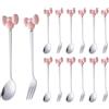 Generic (14 Pezzi) Cucchiaio E Forchetta in Acciaio Inossidabile Con Fiocco Carino Manico Ceramica Per La Casa Dessert (Rosa)