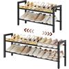 FAVOOSTY Scarpiera a 2 Livelli in Metallo, Allungabile 74.5-105.5 cm,Metallo,Regolabile, Salvaspazio, Portascarpe Robusto per Ingresso, Camera da Letto,Nero