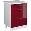 Vicco Mobiletto base per cucina R-Line, Rosso lucido, 60 cm con cassetti PL Marmo, per la libera combinazione all'interno di sistemi cucina modulari