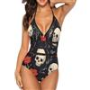 Generic Costume da bagno intero con stampa floreale viola per donna scollo a V a vita alta Halter costume da bagno per bikini party, Teschi, L