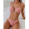 NONE Set Bikini Rosa da Donna in Maglia a Trecce, Costume da Bagno a Due Pezzi con Triangolo Halter e Dettagli di Perle e Catena Dorata per Vacanze al Mare