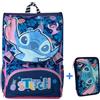 Zaino Estensibile Stitch Disney Blu con Patch Peluche + Astuccio 3 Zip