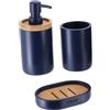 Tendance - Set Dispenser di Sapone, Bicchiere e portasapone in poliresina - Blu Navy/bambù - Bagno - Accessorio da Bagno Indipendente