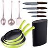 San Ignacio Set 3 padelle (20+24+28cm) alluminio pressato verde con Set 3 utensili da cucina inox con Set 4 coltelli inox con Tacoma