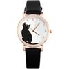 iplusmile 2 pezzi orologio da donna con motivo a gatto, orologio classico in similpelle, orologio da polso per ragazze e studenti (nero), Nero , 2pcs, cinghia